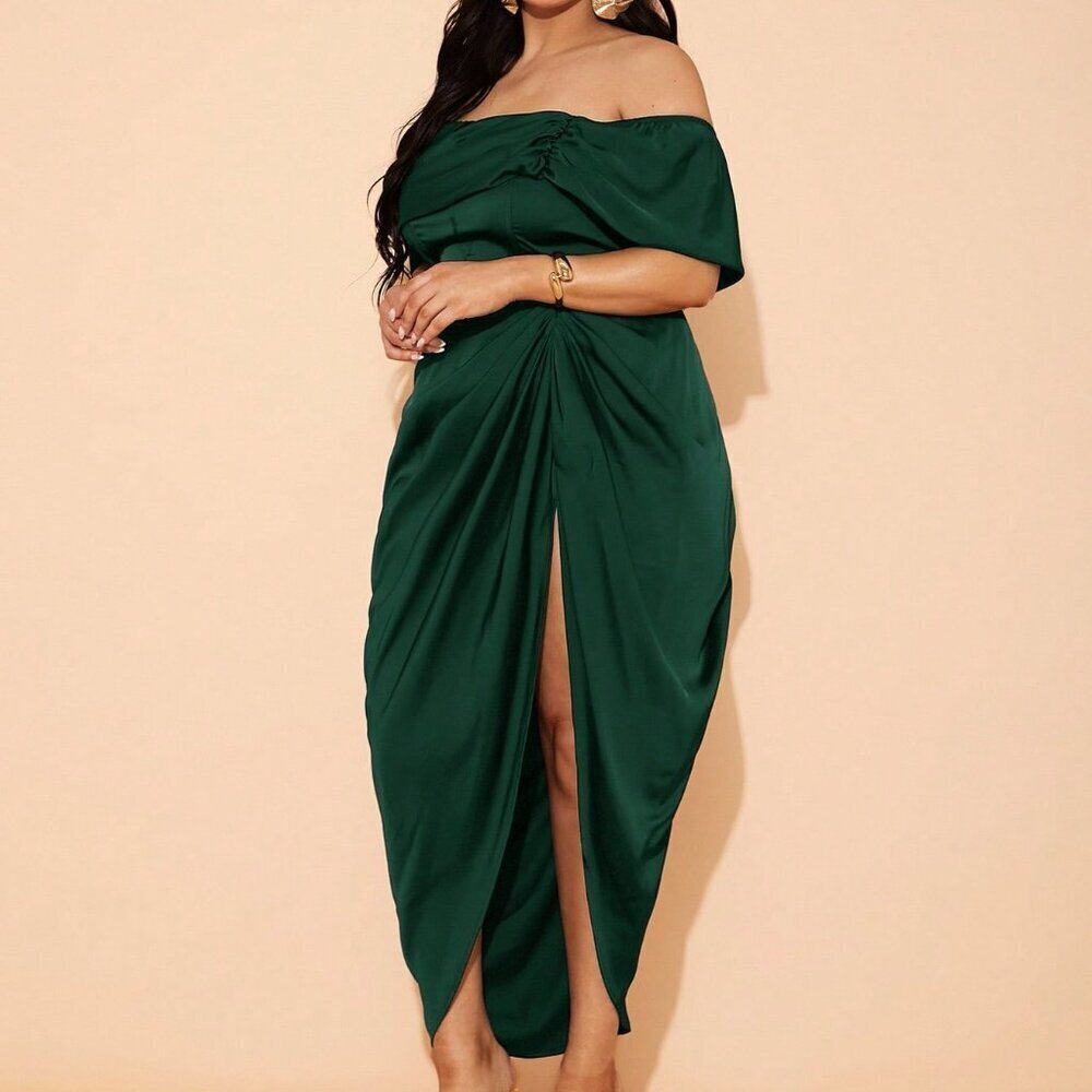 Dark Green Elegant Women's Plus Size Draping Midi Dress - Picture 7 of 7